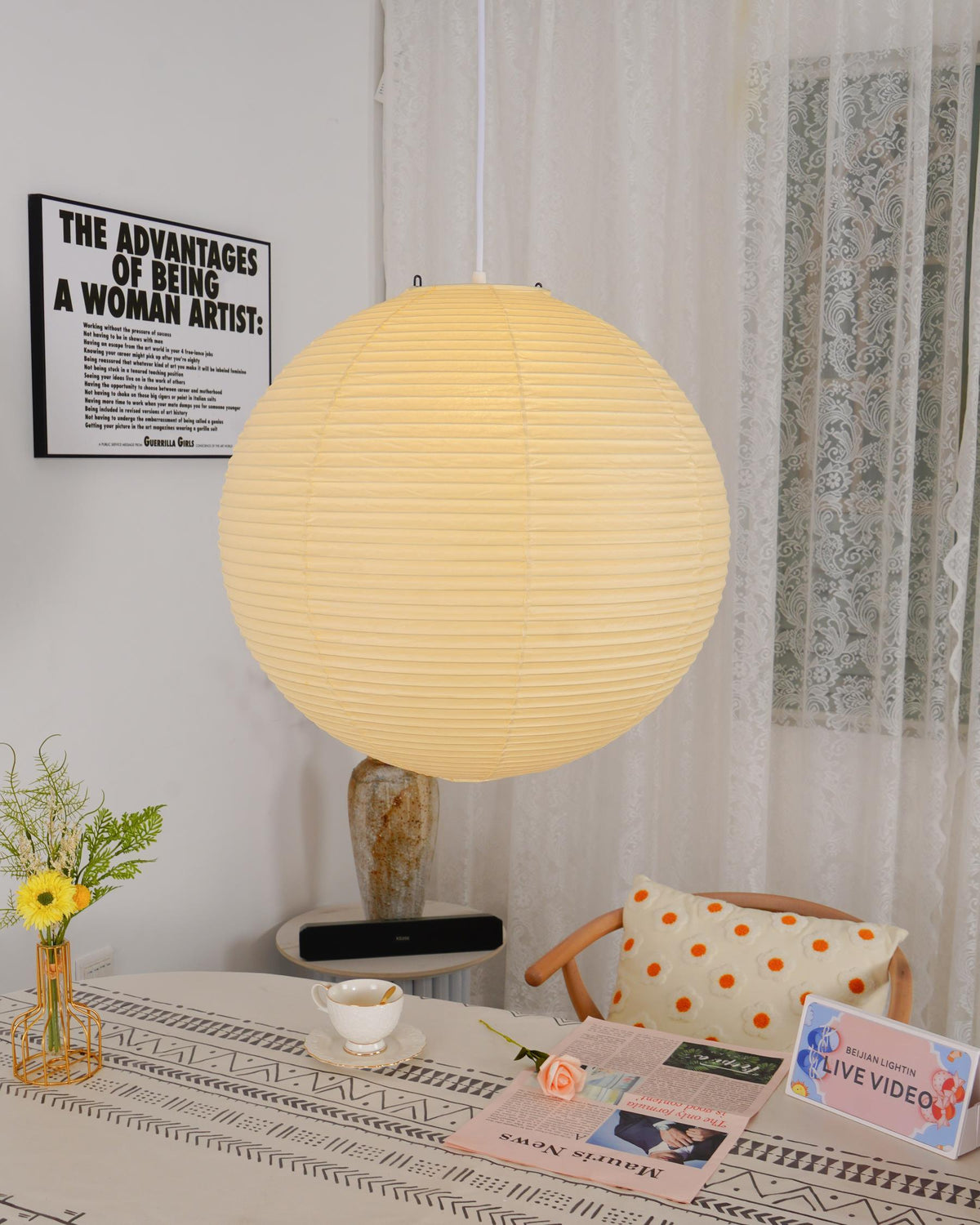 Ribbed Rice Paper Globe Pendant Light