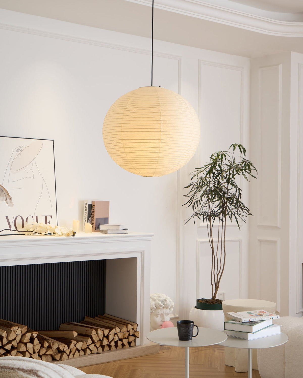 Ribbed Rice Paper Globe Pendant Light