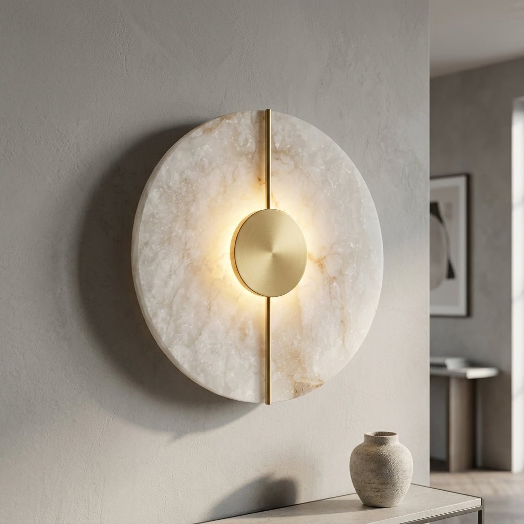 Round LED Wall Sconce with Marble Accent, Modern Nordic Design