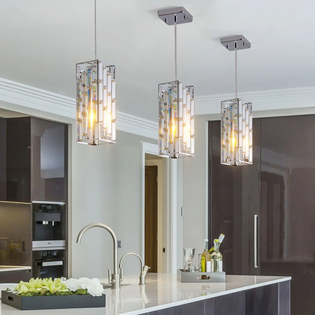 Modern Crystal Pendant Lights 3-Pack | Adjustable Chrome Ceiling Lights