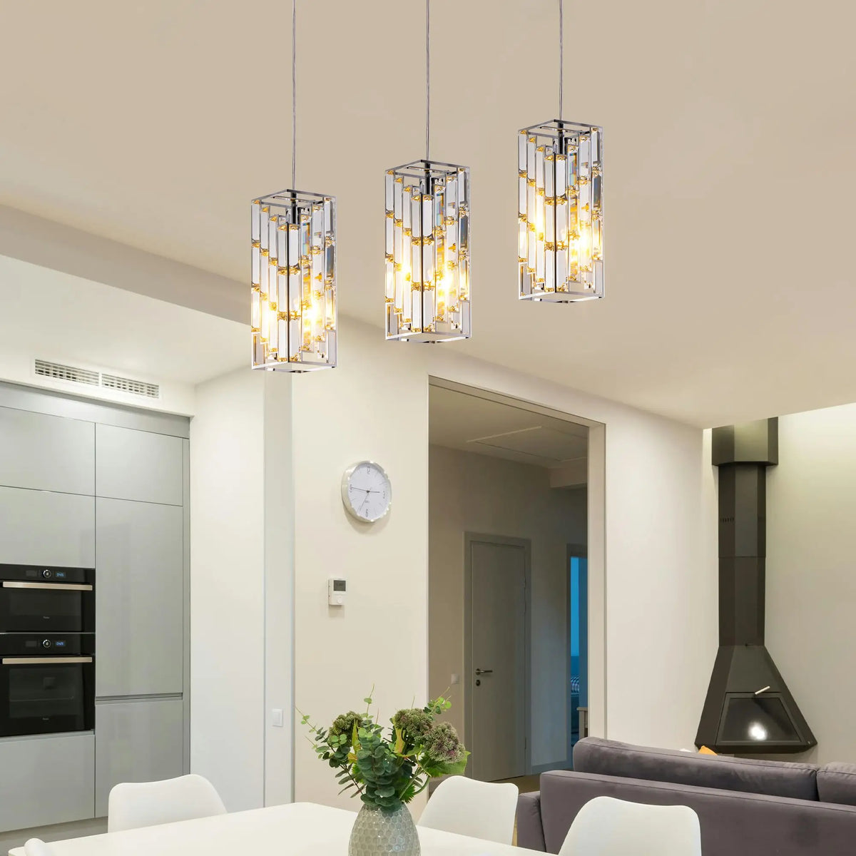 Modern Crystal Pendant Lights 3-Pack | Adjustable Chrome Ceiling Lights