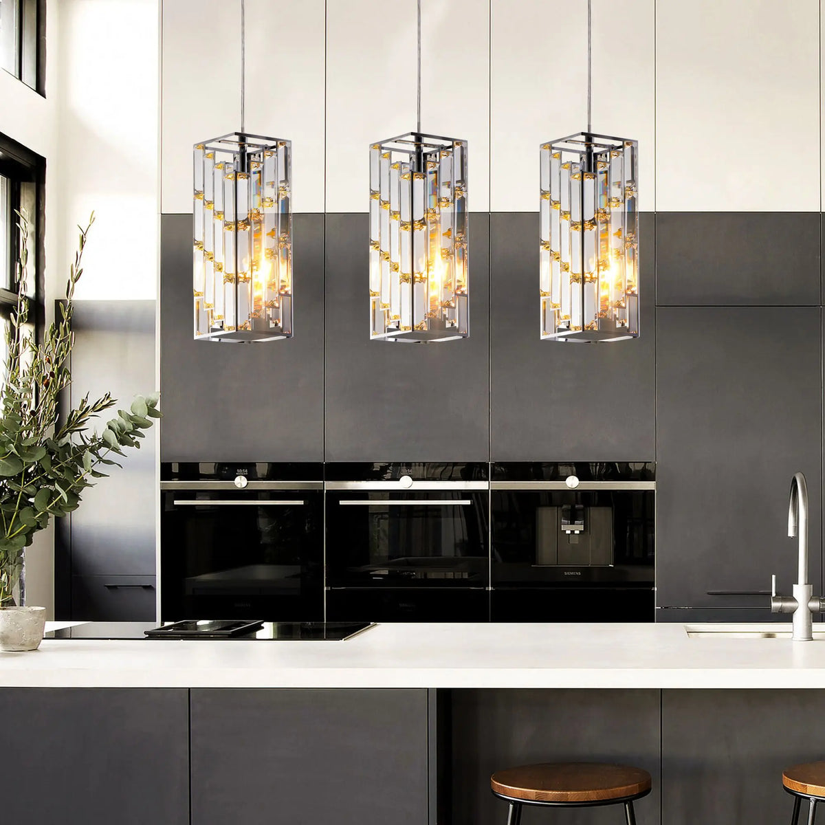 Modern Crystal Pendant Lights 3-Pack | Adjustable Chrome Ceiling Lights