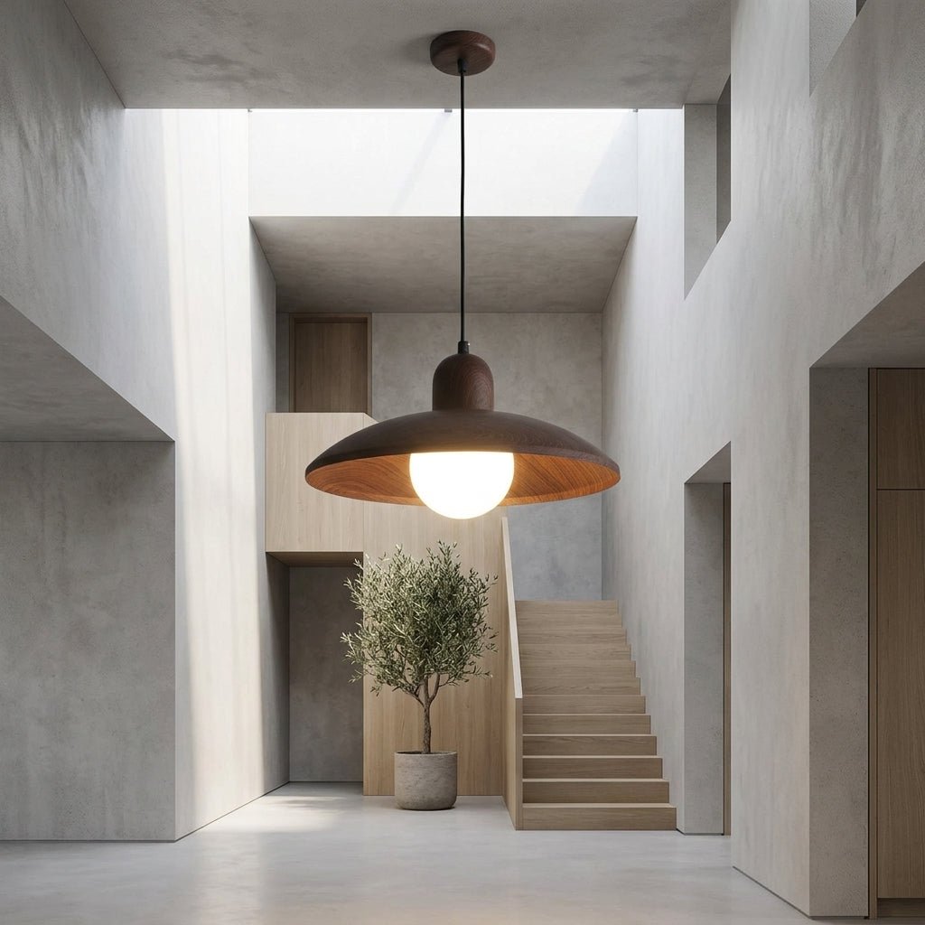 Shallow Dome Pendant Light in Wood - Modern Ceiling Fixture