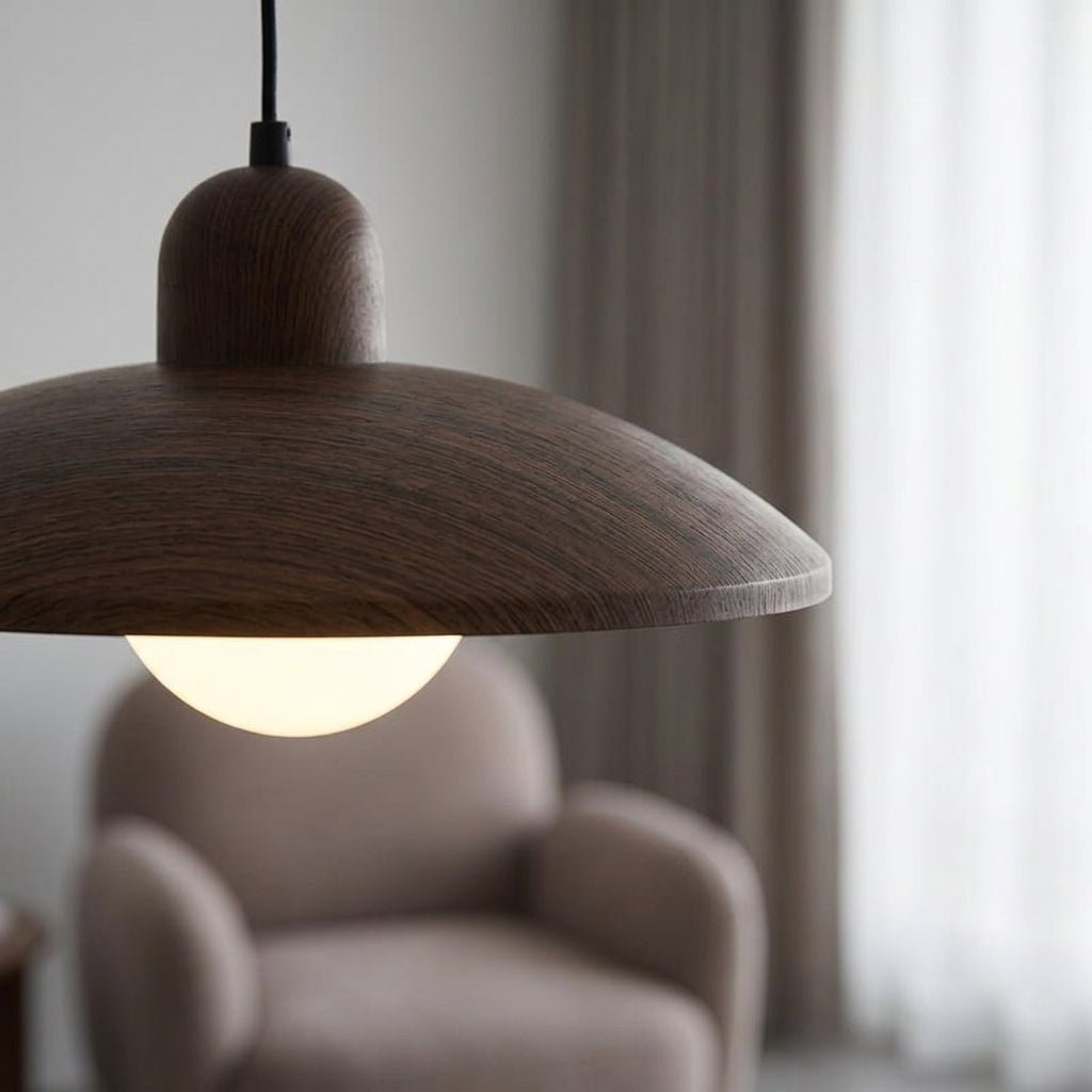 Shallow Dome Pendant Light in Wood - Modern Ceiling Fixture