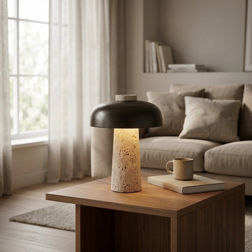 Travertine Mushroom Table Lamp - Modern Design, 15 Inches Tall
