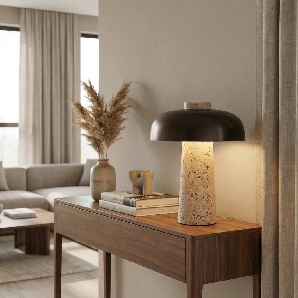 Travertine Mushroom Table Lamp - Modern Design, 15 Inches Tall