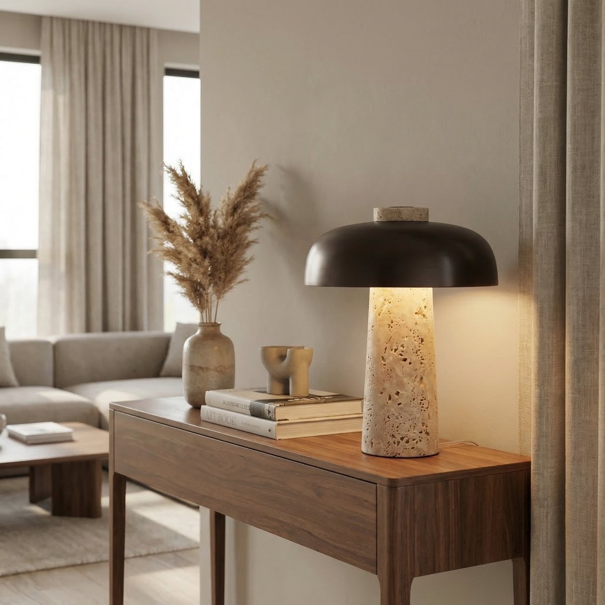 Travertine Mushroom Table Lamp - Modern Design, 15 Inches Tall