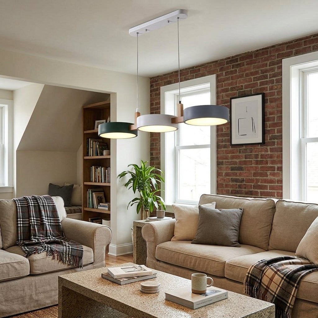 Triple Circular Shade Pendant Light with Wooden Frame