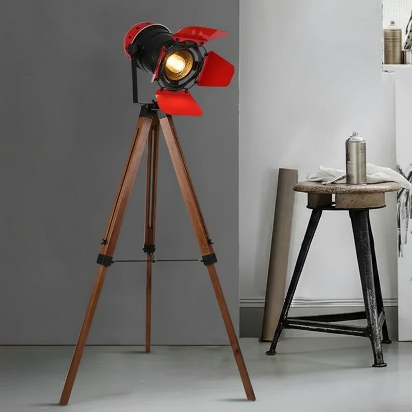 Vintage Metal and Wood Tripod Floor Lamp