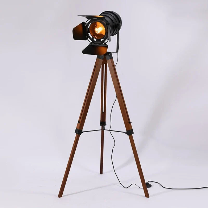 Vintage Metal and Wood Tripod Floor Lamp