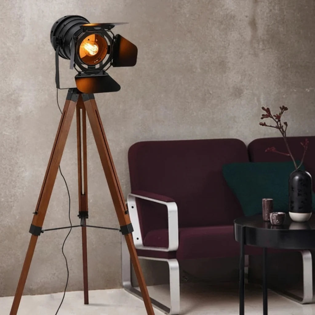 Vintage Metal and Wood Tripod Floor Lamp