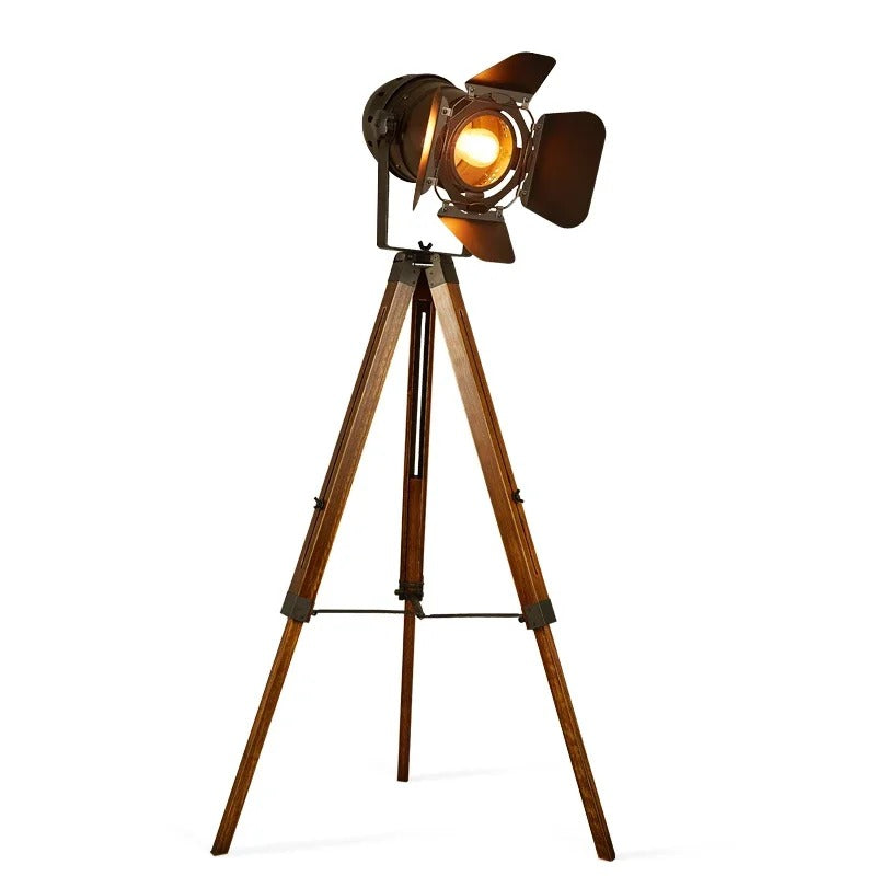 Vintage Metal and Wood Tripod Floor Lamp