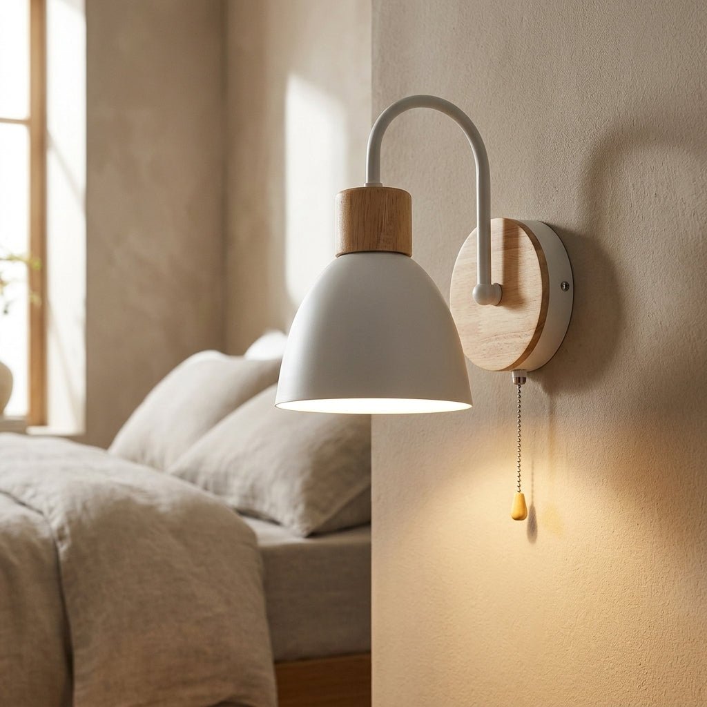 Wood Dome Wall Light with Pull Switch - Single Light Fixture