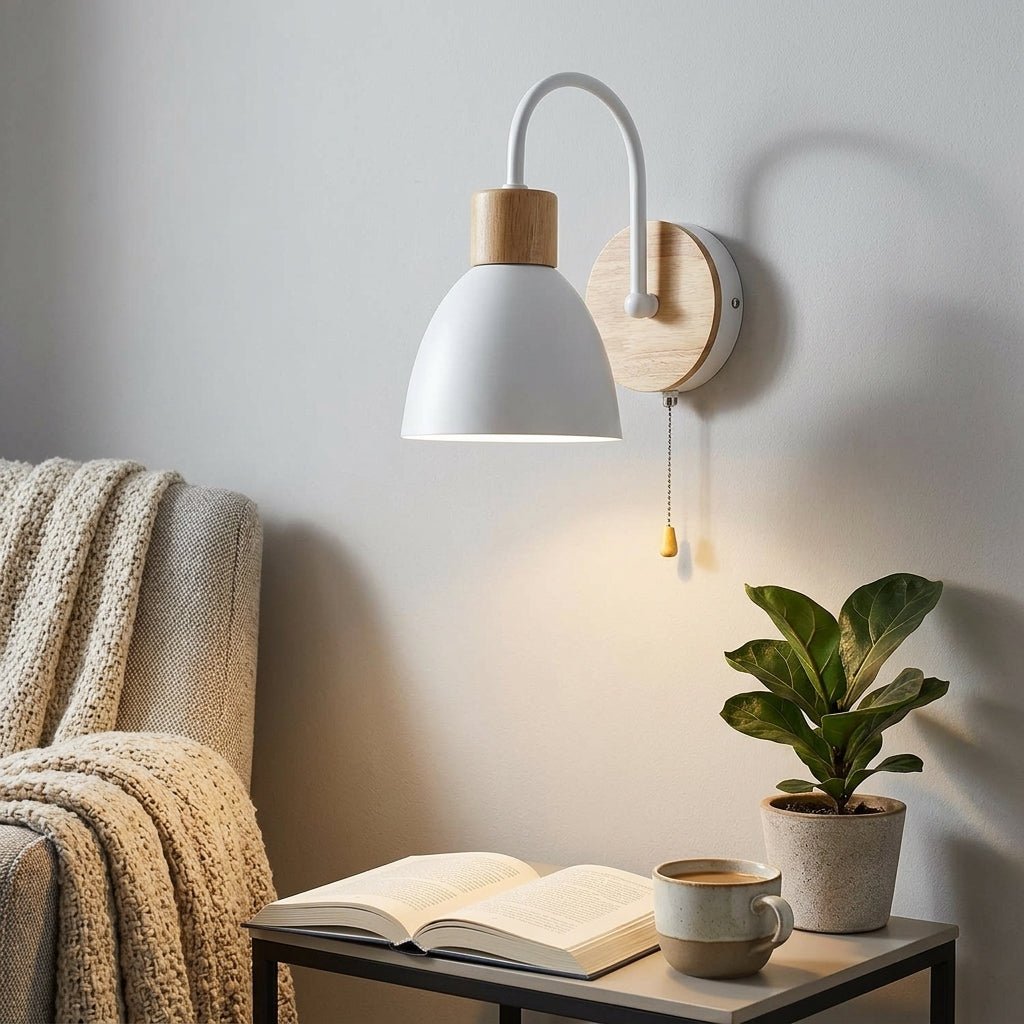 Wood Dome Wall Light with Pull Switch - Single Light Fixture