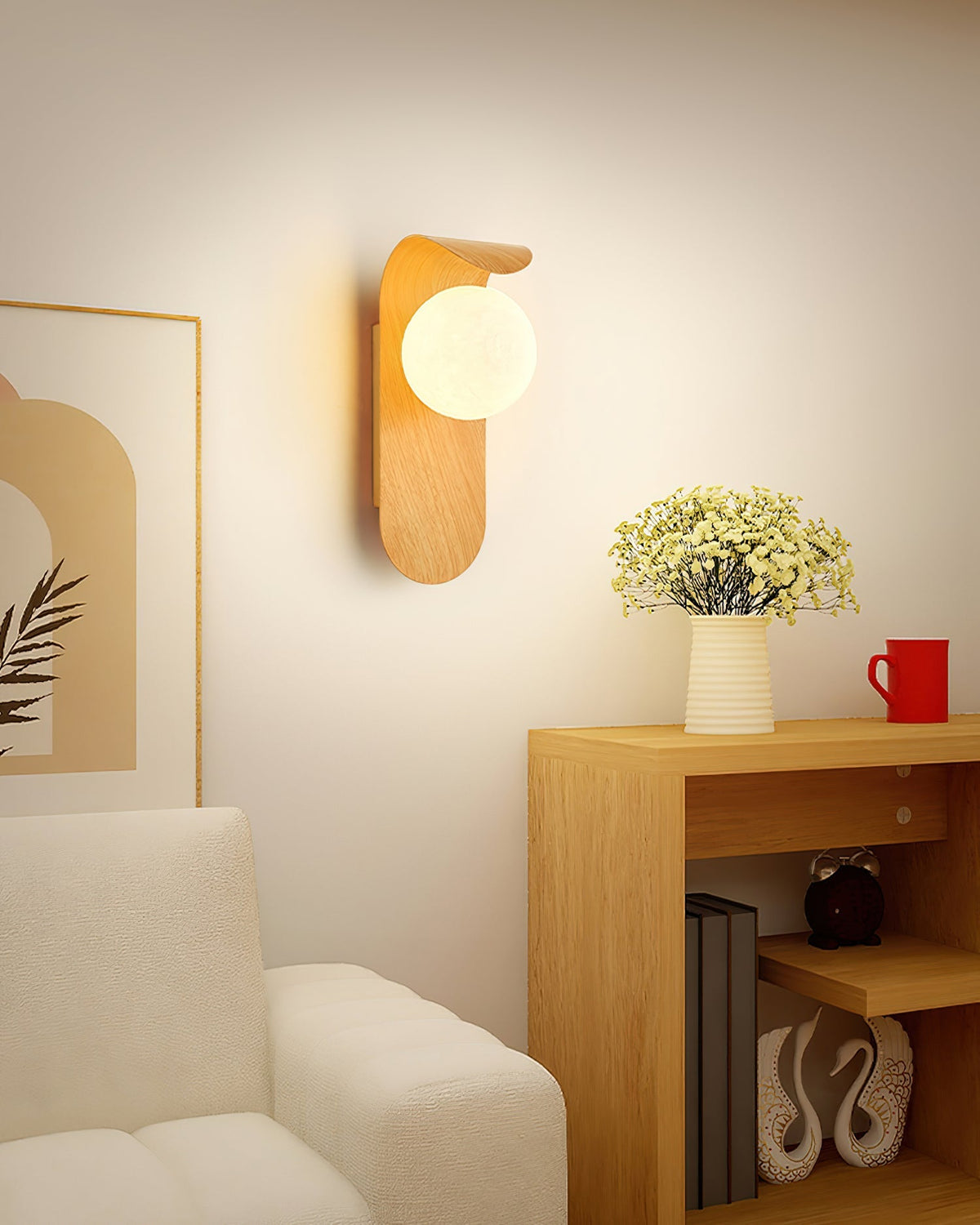 Wood-Effect Wall Light with Opal Glass Globe