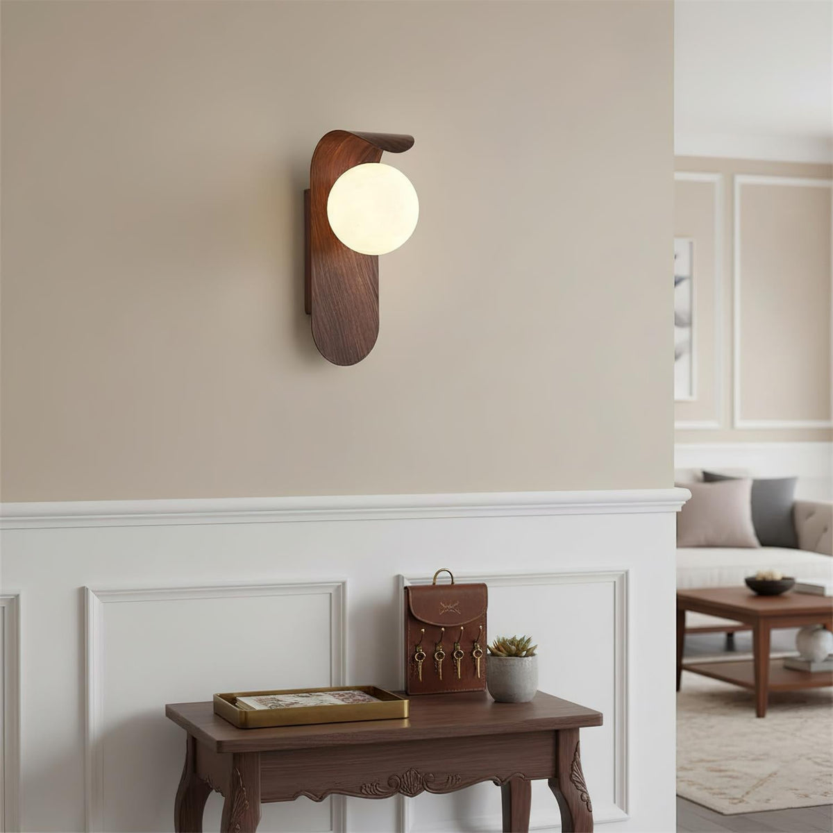 Wood-Effect Wall Light with Opal Glass Globe