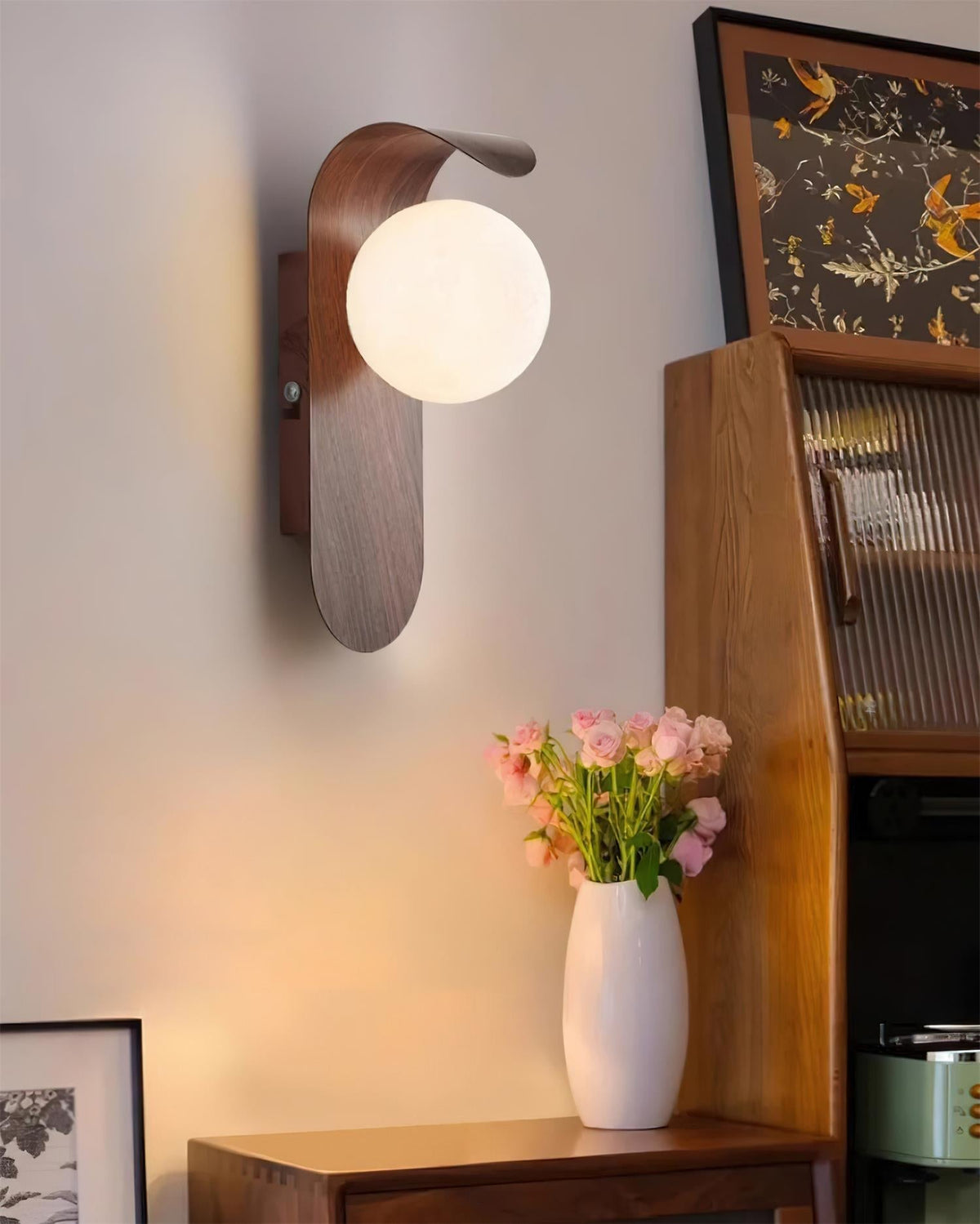 Wood-Effect Wall Light with Opal Glass Globe