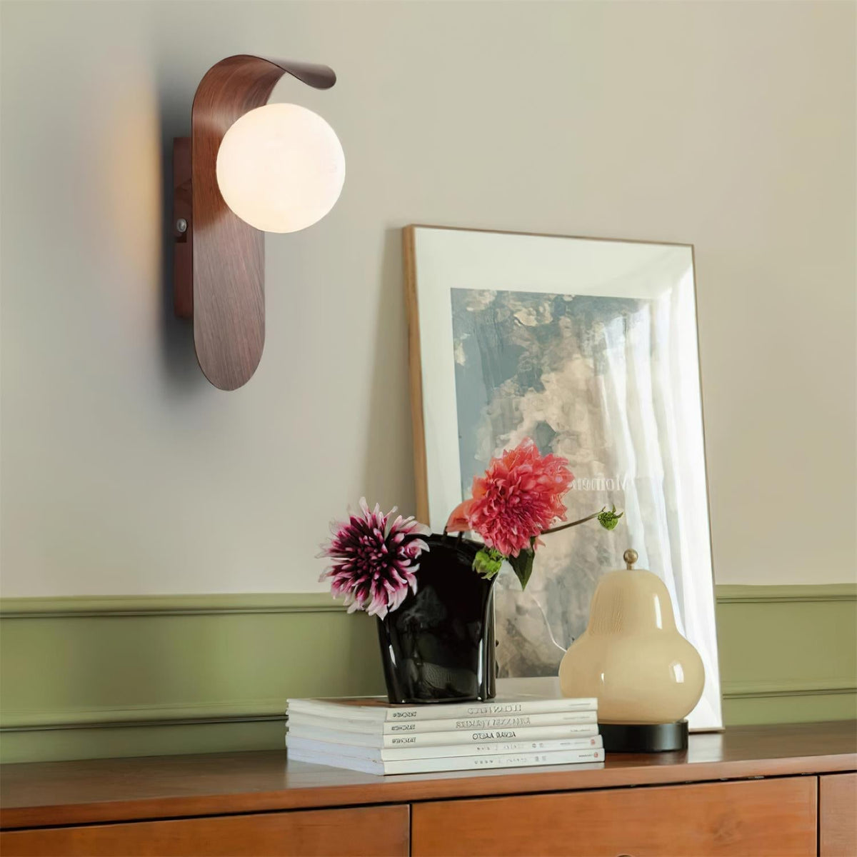 Wood-Effect Wall Light with Opal Glass Globe