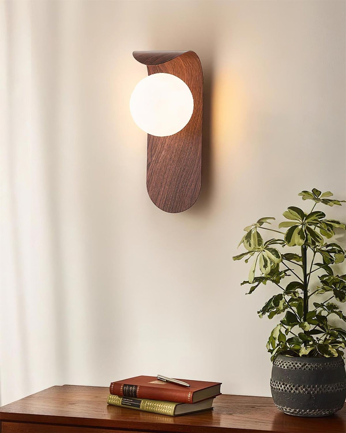 Wood-Effect Wall Light with Opal Glass Globe