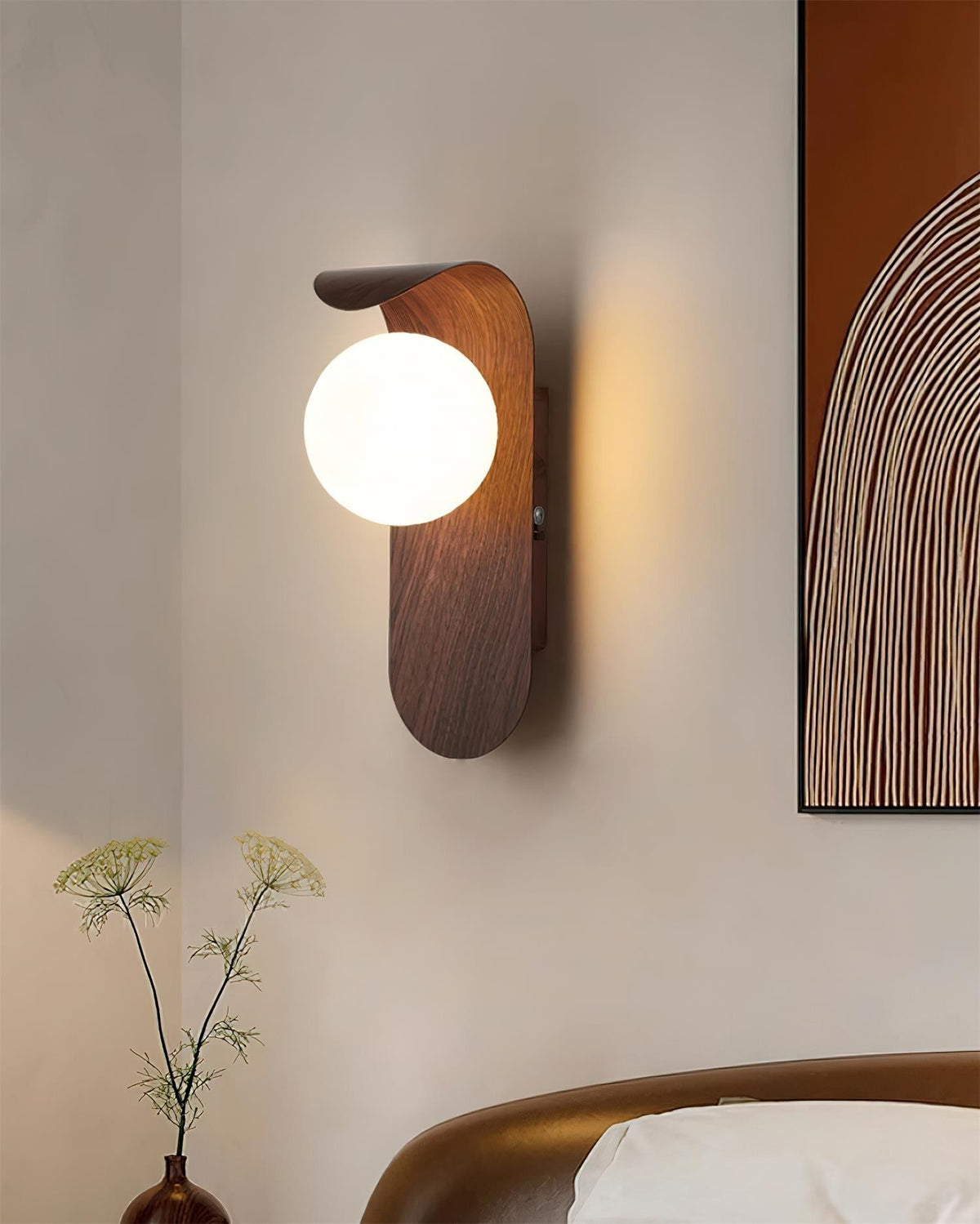 Wood-Effect Wall Light with Opal Glass Globe