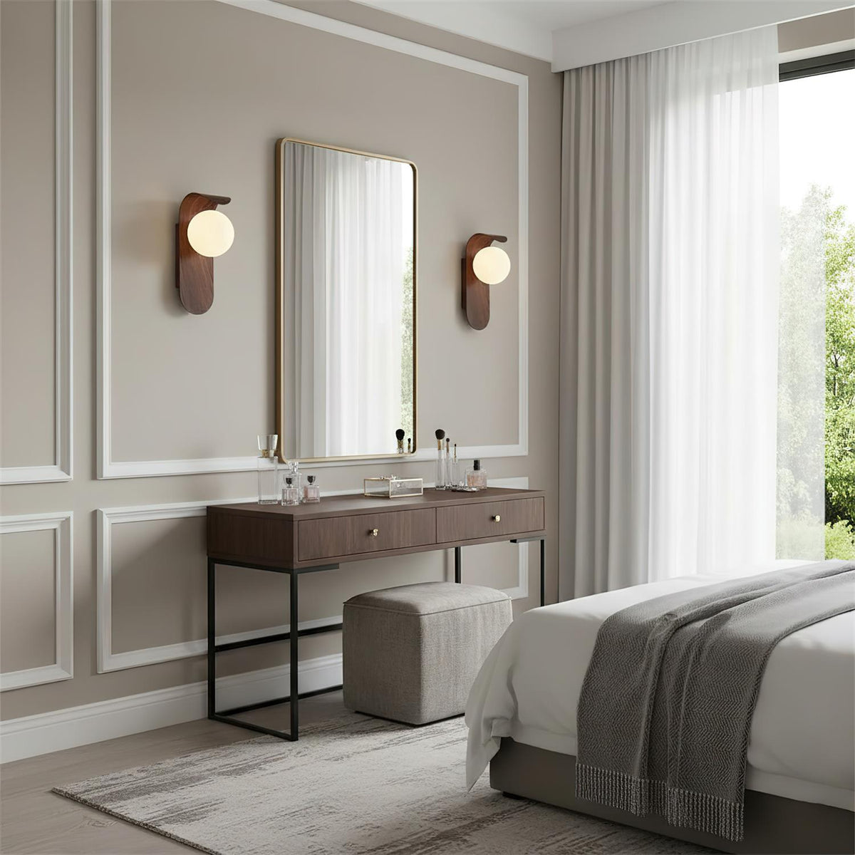 Wood-Effect Wall Light with Opal Glass Globe