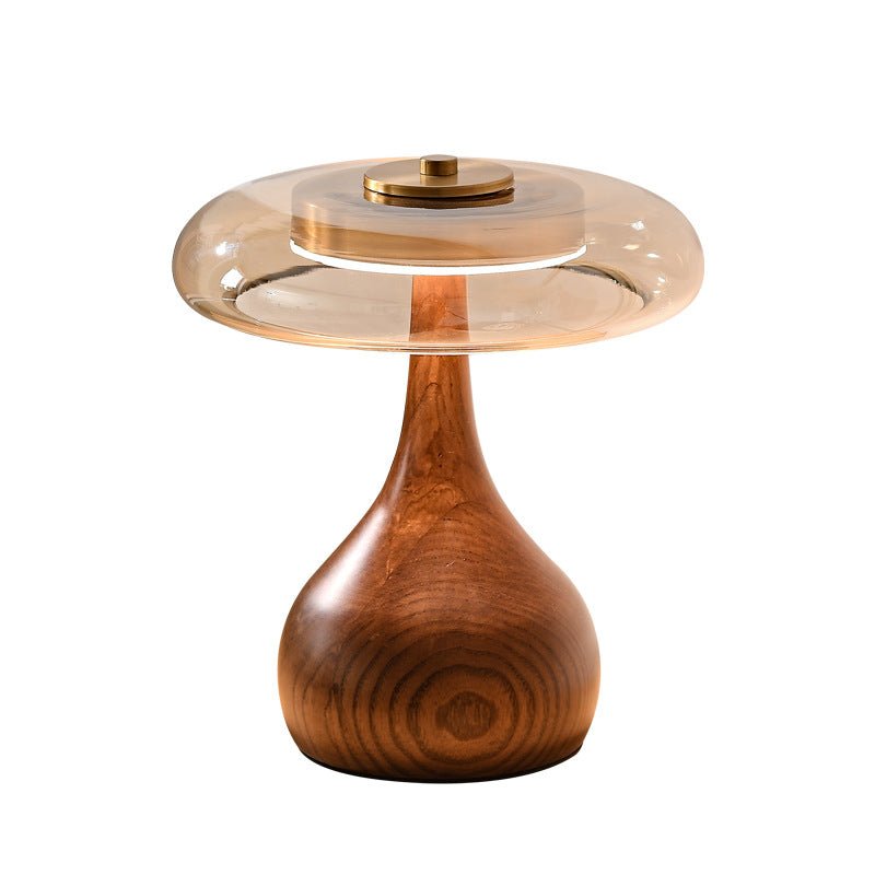 Wooden Table Lamp with Amber Glass Shade, 22.5 cm Height