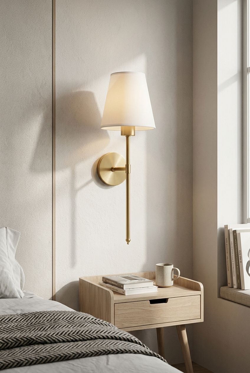 Full view of a wireless wall lamp installed above a cozy reading nook in a stylish bedroom with natural lighting and soft glow.
