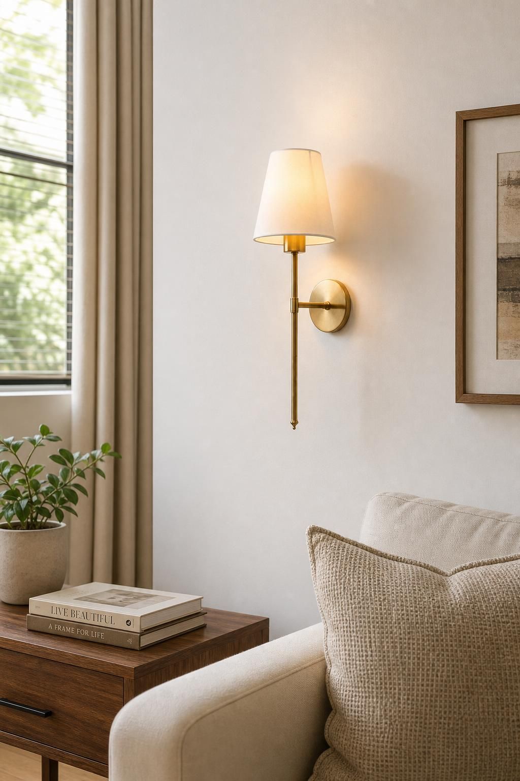 Full scene of a wireless rechargeable wall lamp emitting warm glow in a contemporary living room with white walls and nearby furniture.