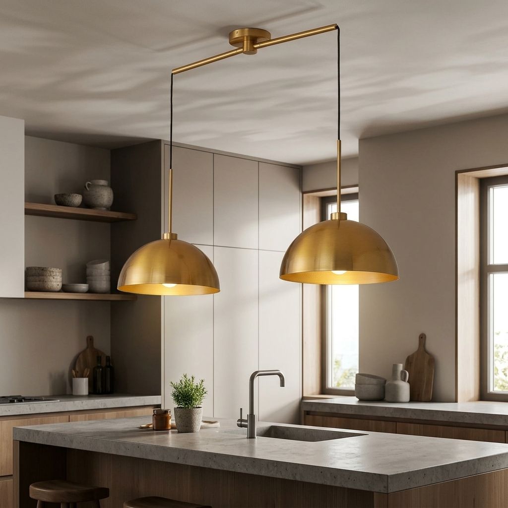 Full view of industrial double pendant light hanging above a stylish kitchen island with adjustable cables.