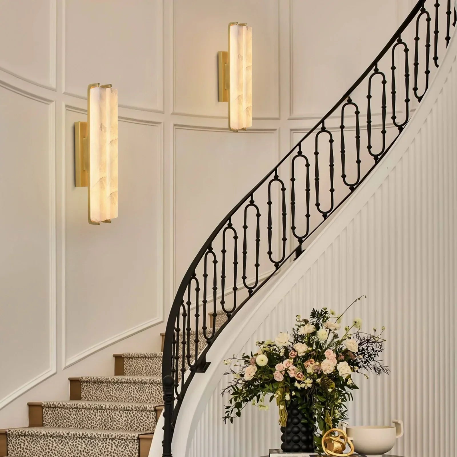 19" Double-Pillar Wall Sconce: Genuine Spanish Alabaster & Satin Brass