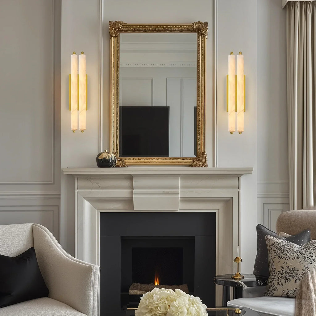 19" Double-Pillar Wall Sconce: Genuine Spanish Alabaster & Satin Brass