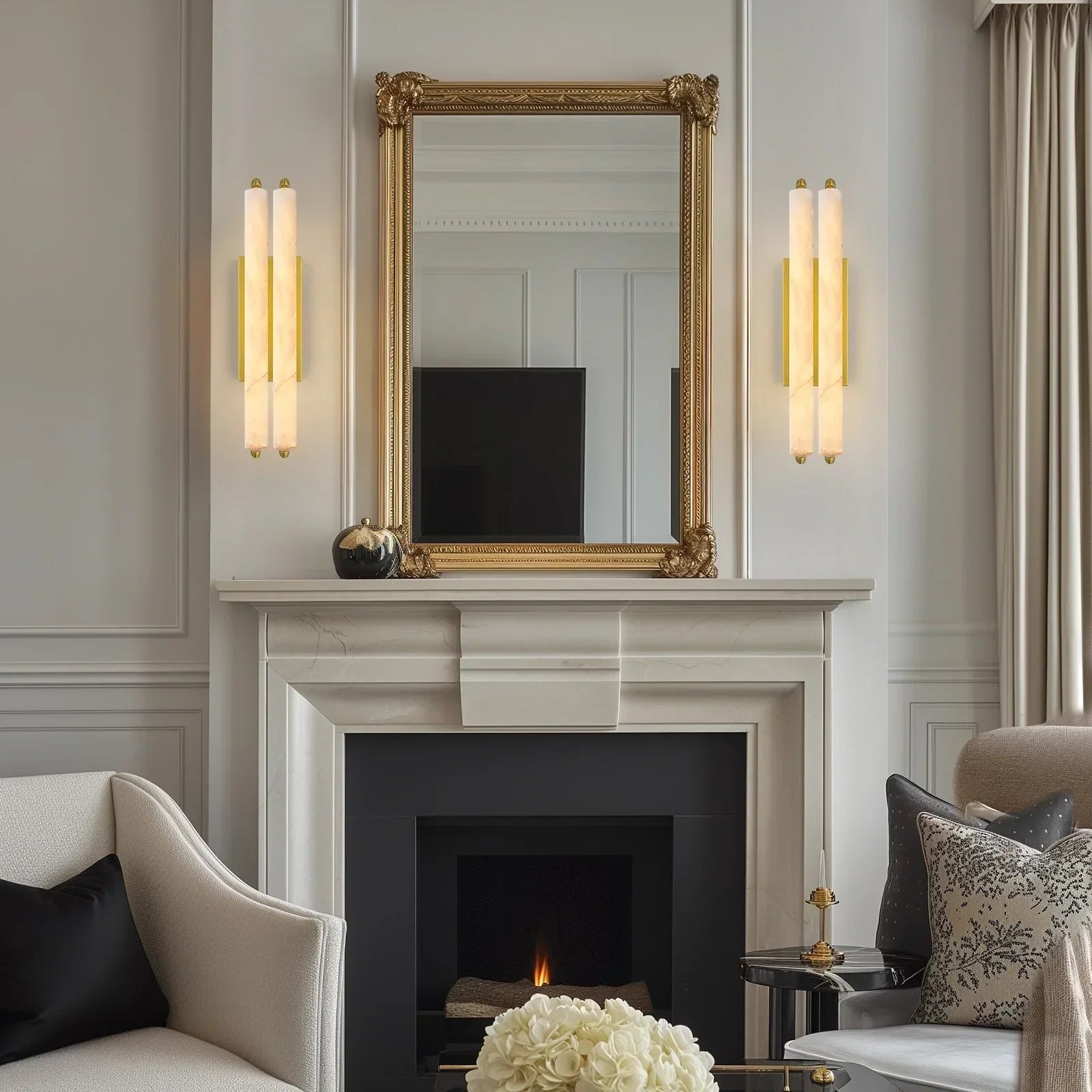 19" Double-Pillar Wall Sconce: Genuine Spanish Alabaster & Satin Brass