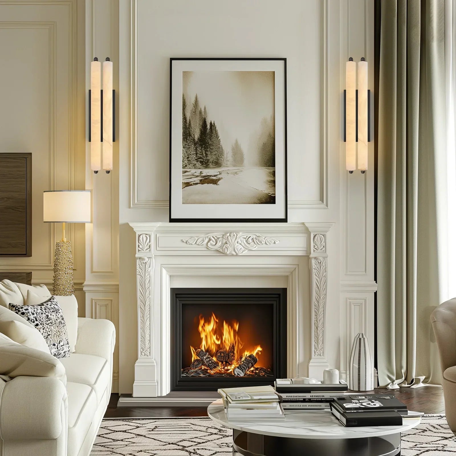 19" Double-Pillar Wall Sconce: Genuine Spanish Alabaster & Satin Brass