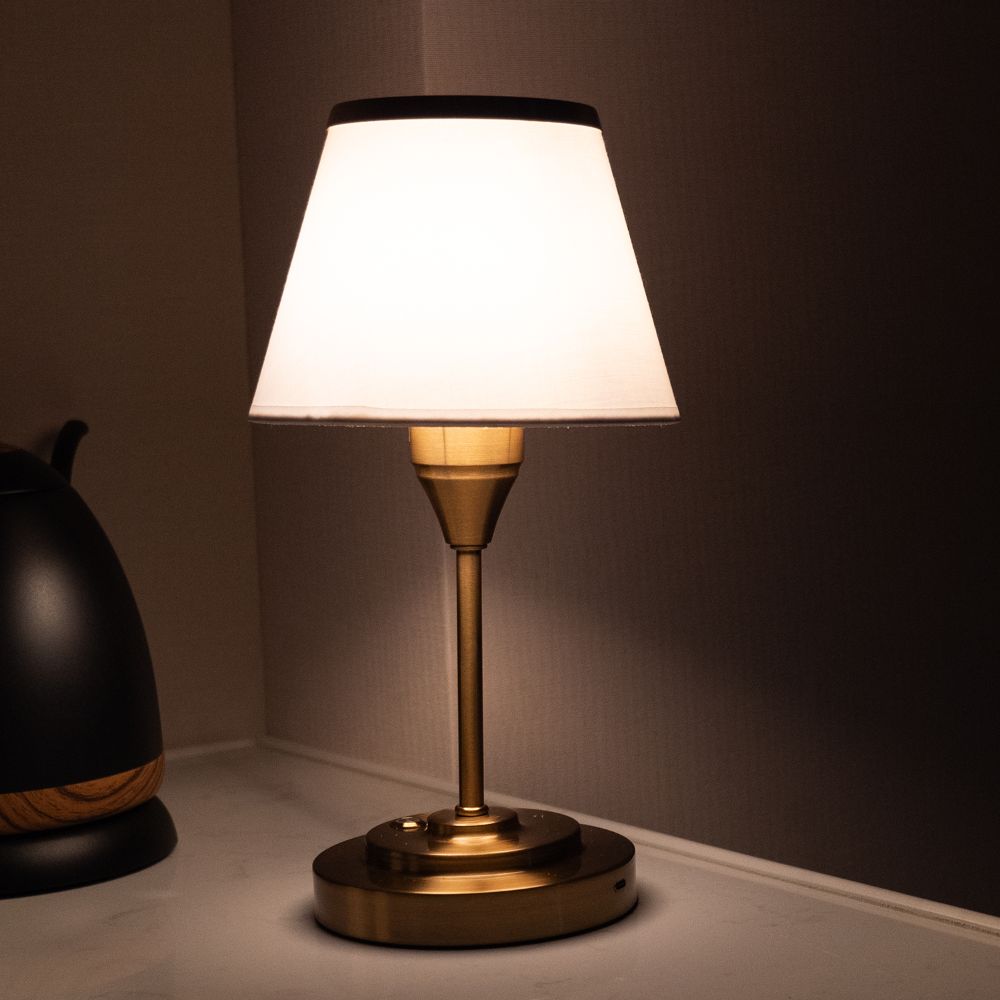 Rechargeable Fabric Shade Table Lamp with Brass-Colour Base