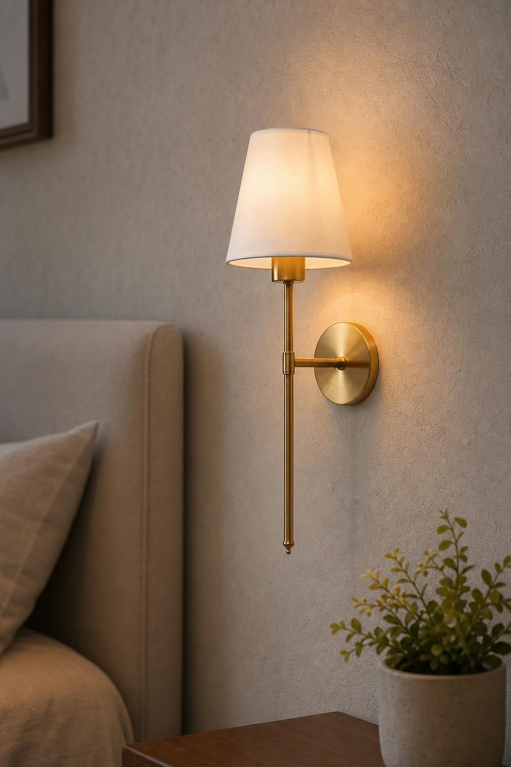 Close-up of a wall-mounted rechargeable lamp with brushed aluminium finish and fabric shade in a modern bedroom setting.