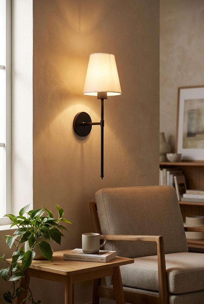 Wall lamp installed in a modern living room corner, casting warm glow over furniture and decor on plaster wall.