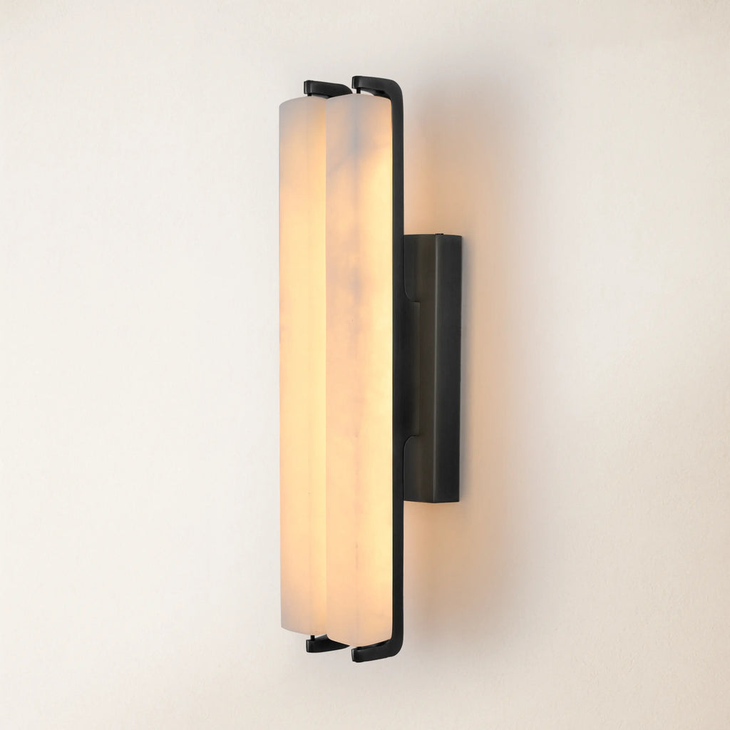 19" Double-Pillar Wall Sconce: Genuine Spanish Alabaster & Satin Brass