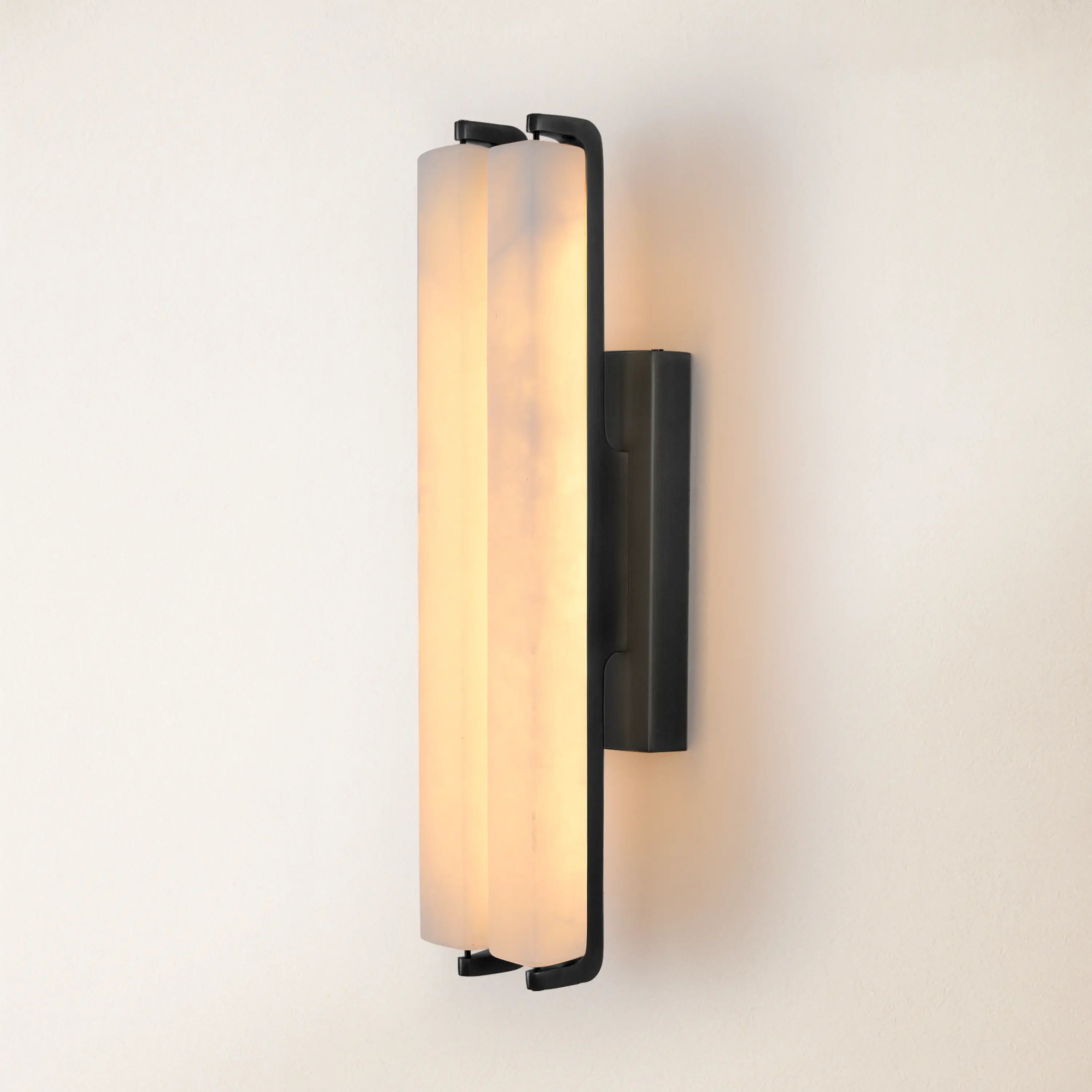 19" Double-Pillar Wall Sconce: Genuine Spanish Alabaster & Satin Brass
