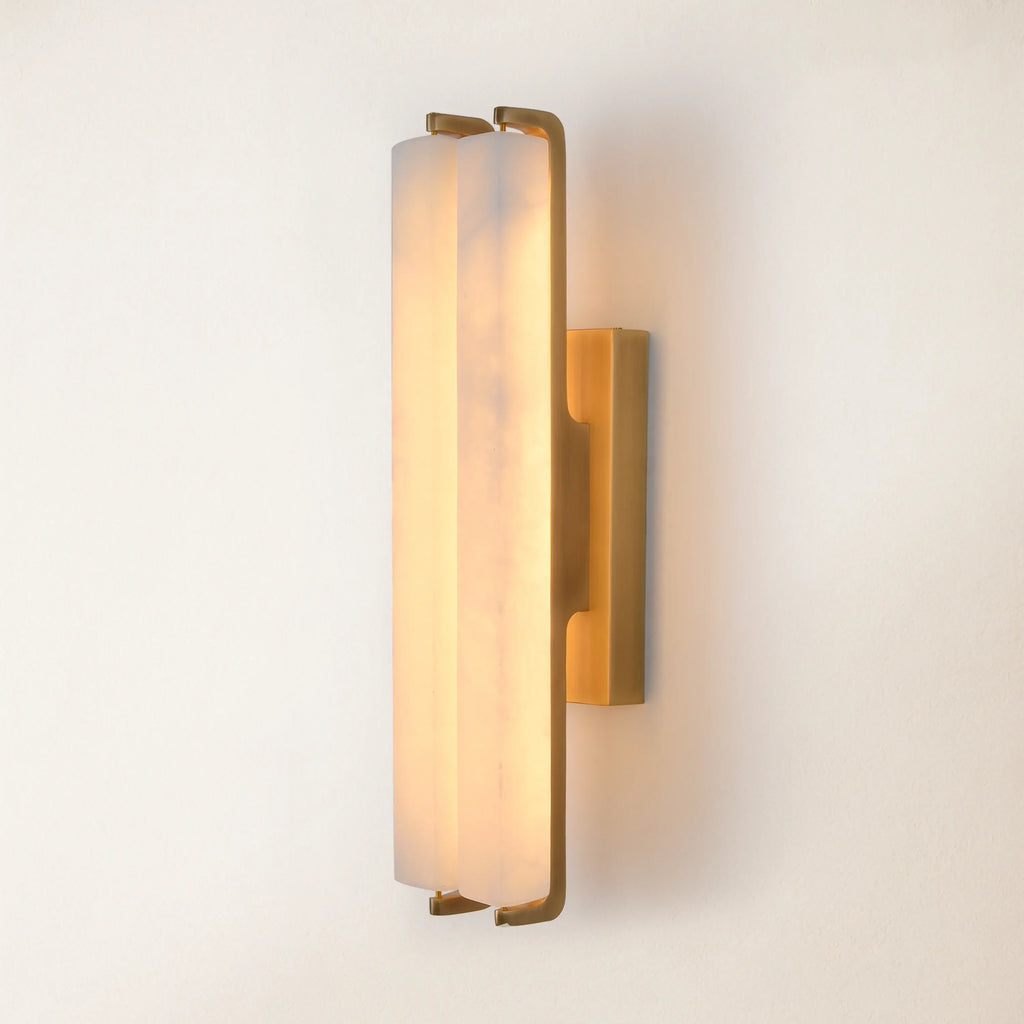 19" Double-Pillar Wall Sconce: Genuine Spanish Alabaster & Satin Brass