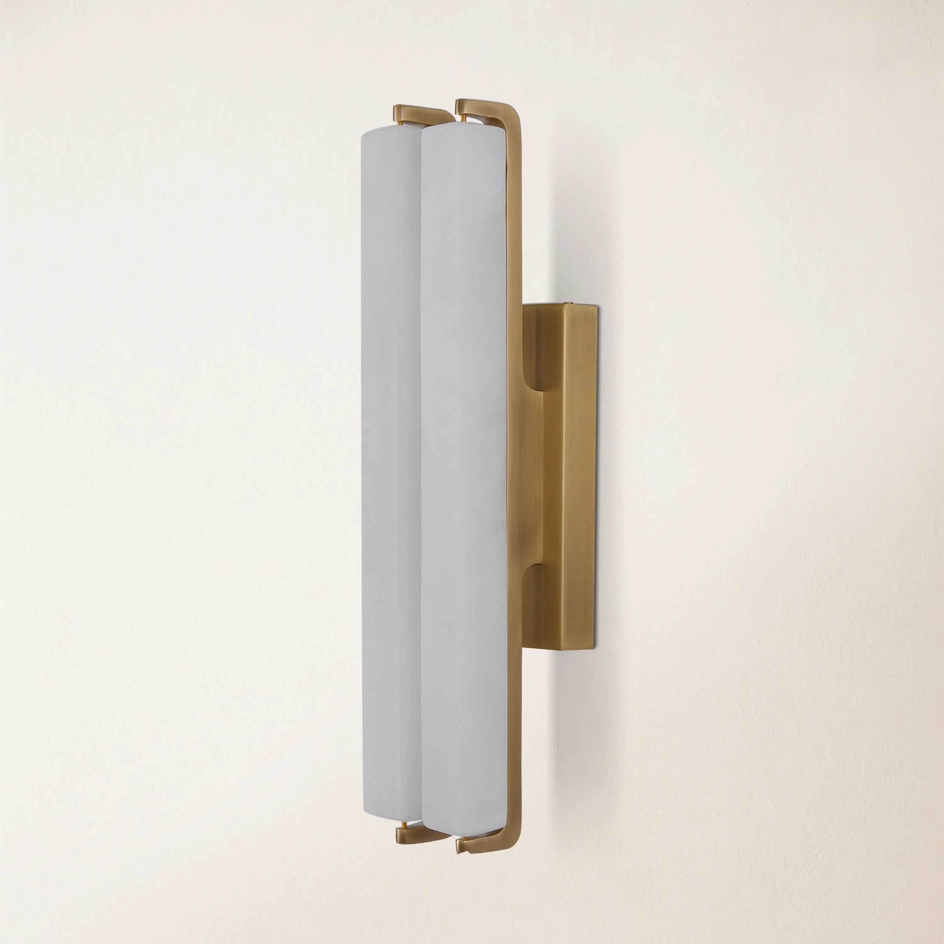 19" Double-Pillar Wall Sconce: Genuine Spanish Alabaster & Satin Brass