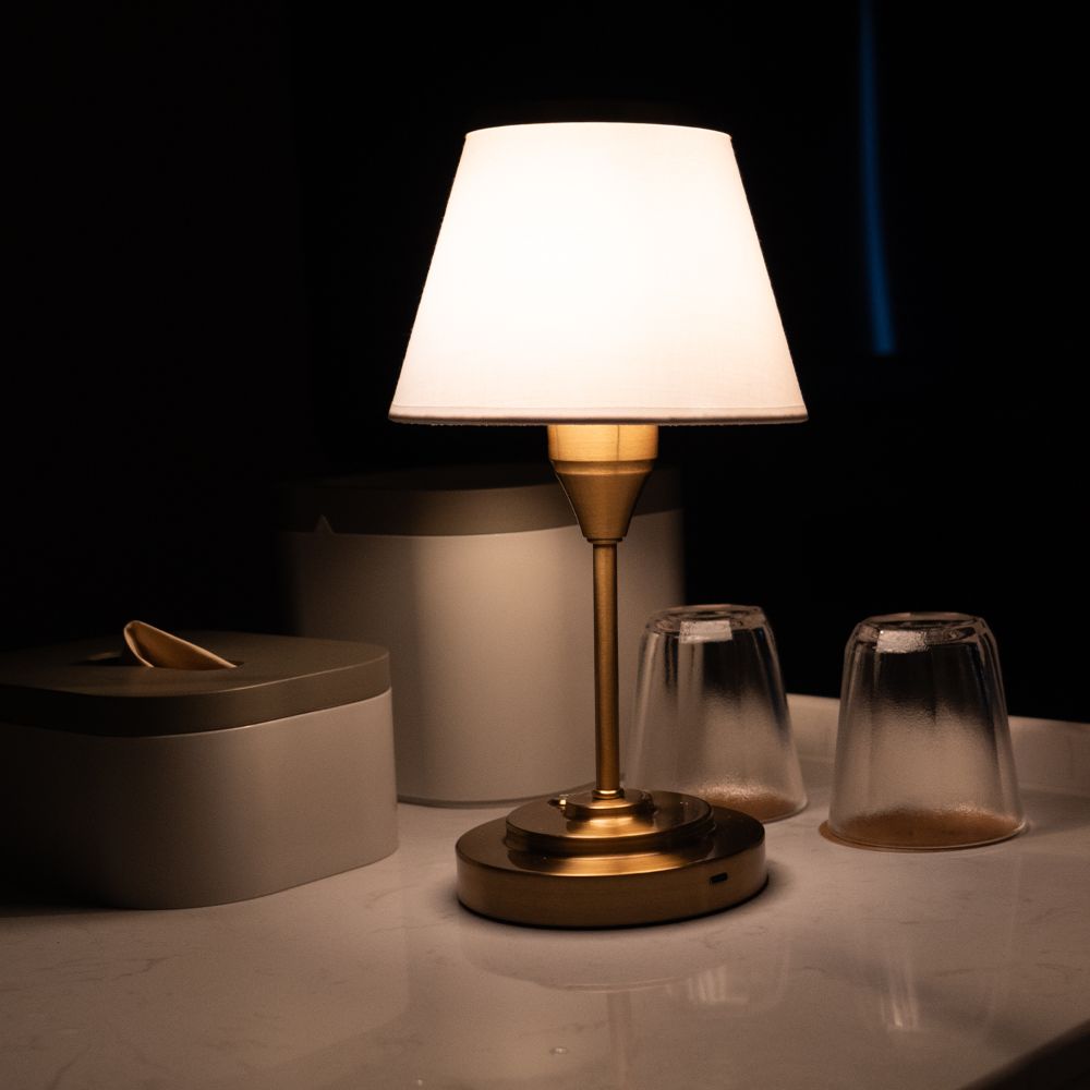 Rechargeable Fabric Shade Table Lamp with Brass-Colour Base