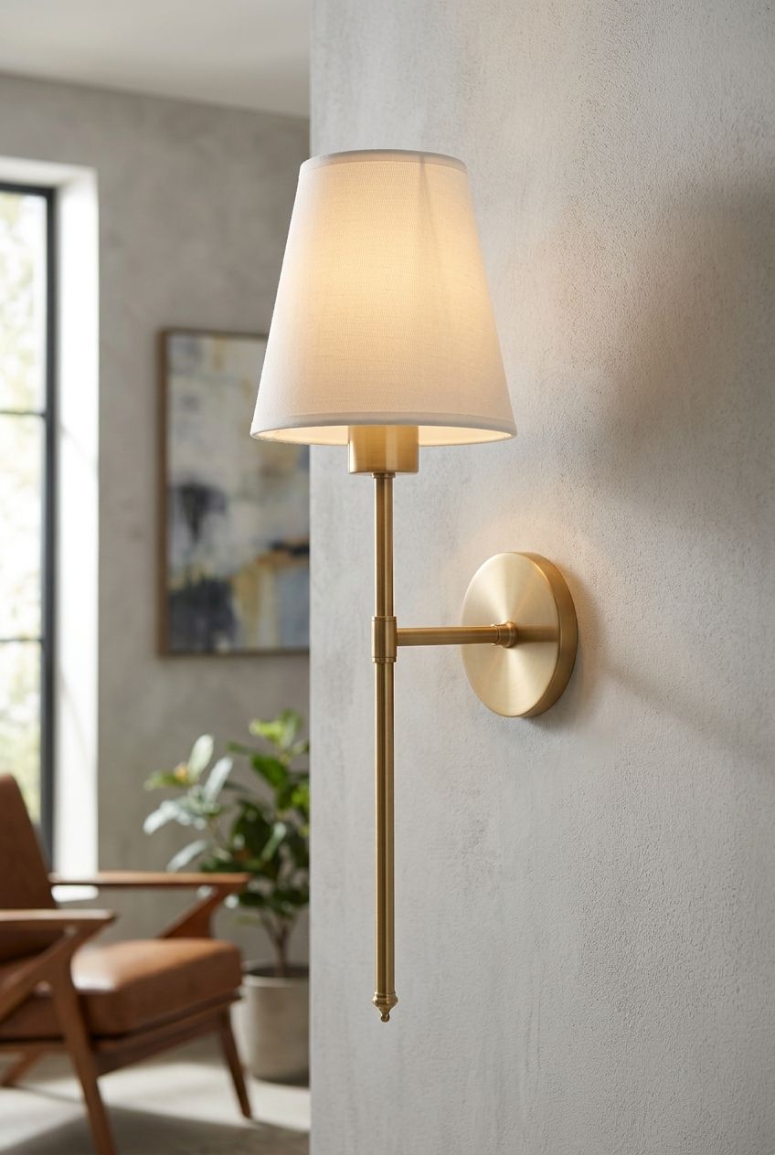 Close-up of a wireless rechargeable wall lamp with brushed aluminium finish and soft fabric shade showing warm ambient light in a modern living room.